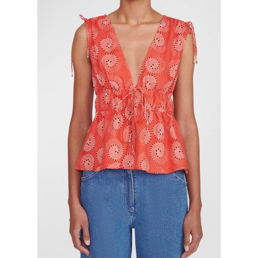 STAUD Sleeveless Kendra Top Linen Drawstring Top Hibiscus Red Deep V Neck Sz M